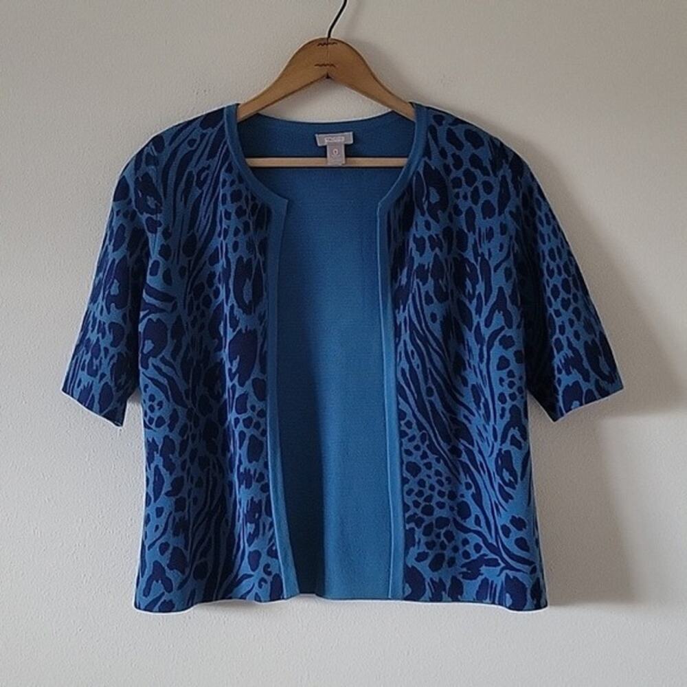 Chico's Blue Animal Tropical Tonal Print Short Sleeve Open Cardigan Size Small S